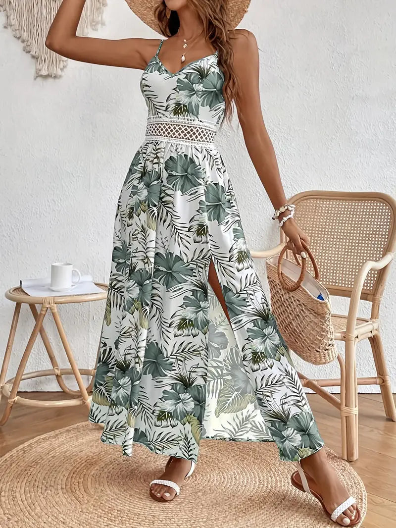 Vestido Virginia com alças finas e estampa floral, com fenda