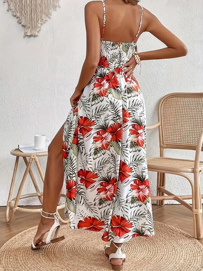 Vestido Virginia com alças finas e estampa floral, com fenda