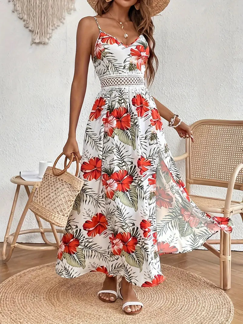 Vestido Virginia com alças finas e estampa floral, com fenda