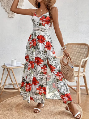 Vestido Virginia com alças finas e estampa floral, com fenda