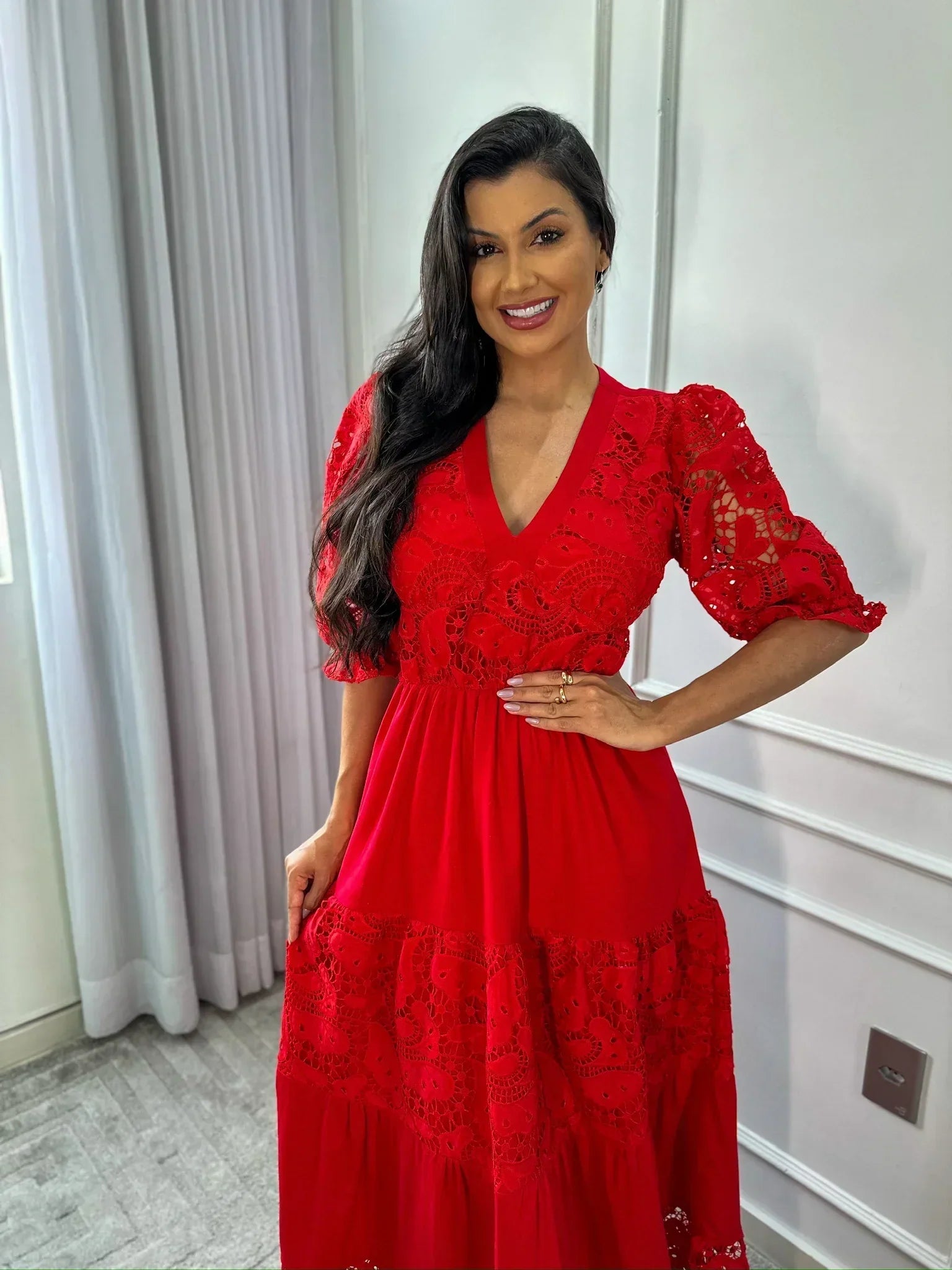 Vestido Madalena de Linho com Renda