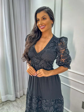 Vestido Madalena de Linho com Renda